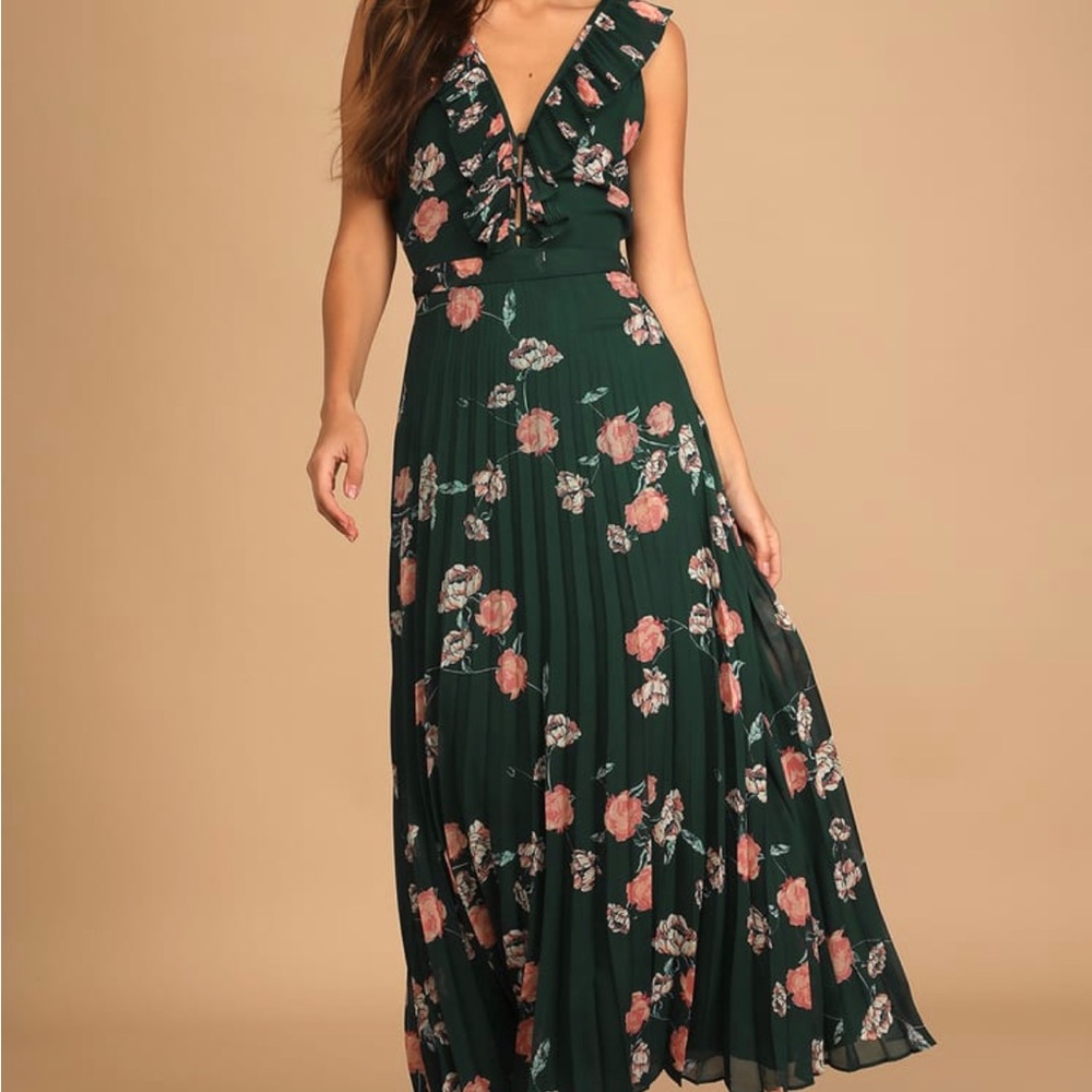Lulus Dark Green Floral Chiffon Maxi Dress